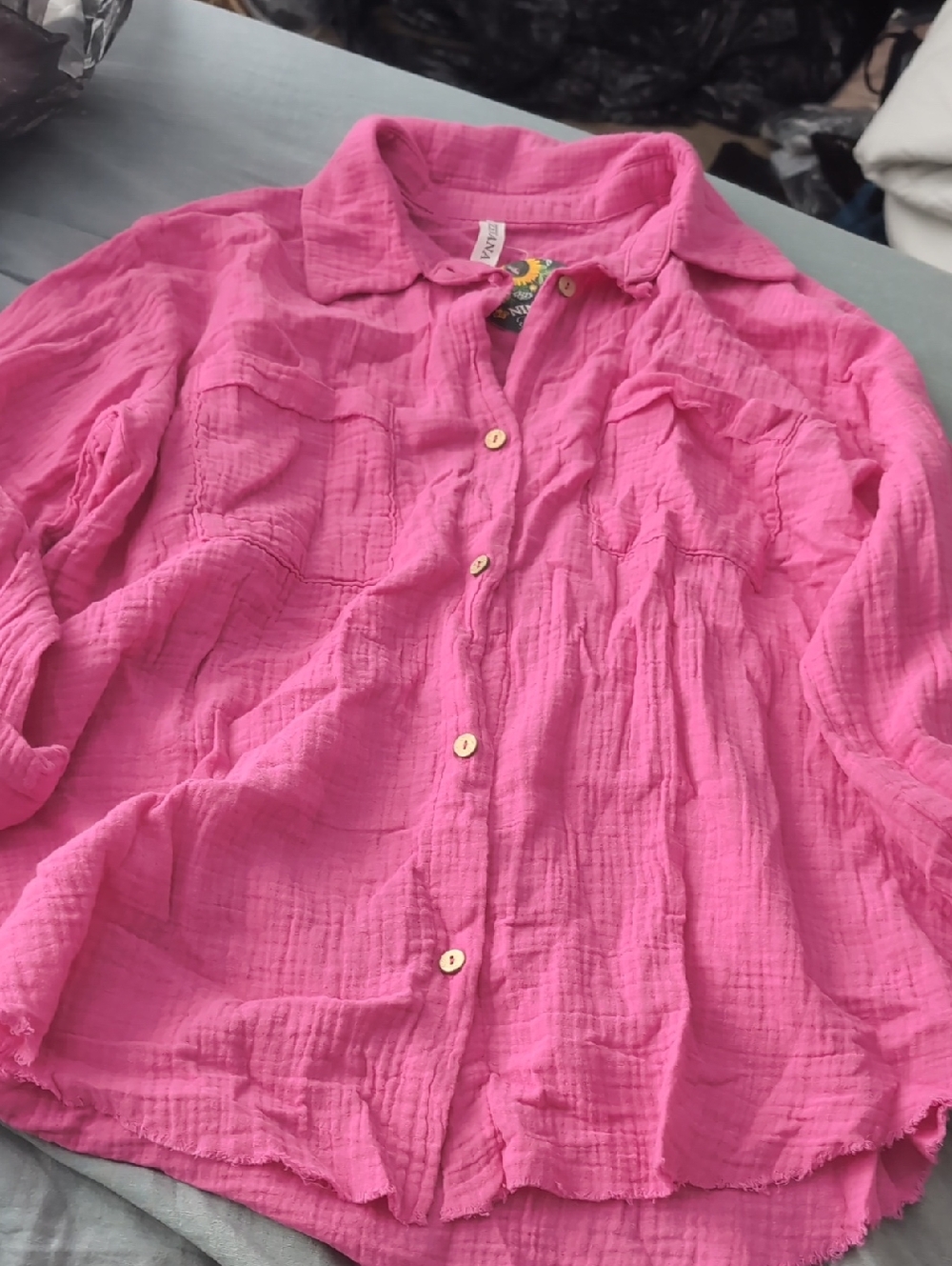 Zenana Outfitters Hot Pink Button-Up Gauze Shirt- M